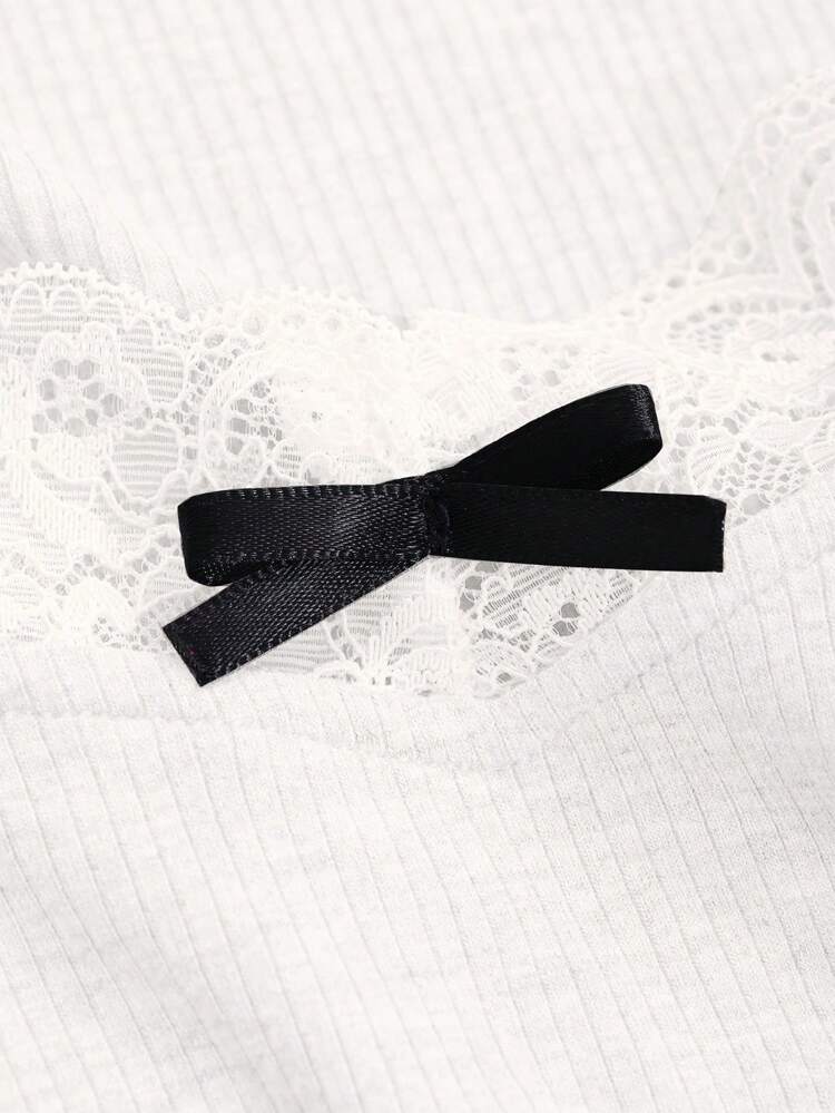 Women's Contrast Lace Bow Decorated Base T-Shirt, White, Spring/Summer/Autumn Long Sleeve Women Tops,Fall Women Clothes
