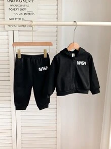 SHEIN 2 件套男婴纯色保暖内衬休闲连帽上衣和松紧腰裤套装，适合秋冬季 - 黑色 - 查看 6
