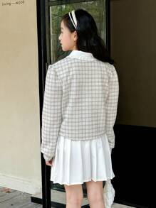 SHEIN 女孩的彼得潘领优雅甜美格子泡泡袖衬衫 - 杏色 - 查看 2