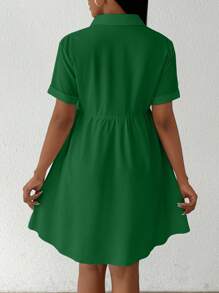 SHEIN Unity 夏季纯色翻领短袖休闲梭织衬衫荷叶边上衣 - 綠色 - 查看 2