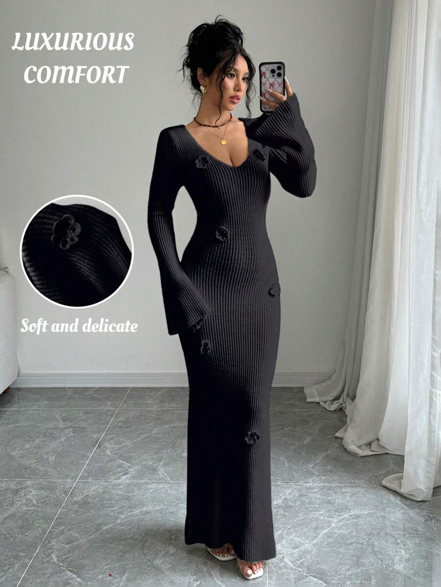 Elenzga 女式 V 领 3D 花卉装饰鱼尾下摆优雅毛衣连衣裙，秋冬