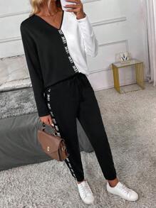 SHEIN LUNE Bộ 2 áo len dệt kim và quần dài cổ chữ V màu tương phản thời trang xuân thu cho nữ - Đen và trắng - Xem 6