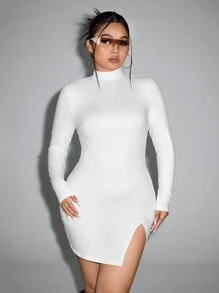 SHEIN ICON Plus Size Solid Color Zip-Up Long Sleeve Simple Fitted Short Dress