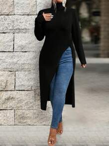 SHEIN LUNE 大尺碼女士純色高領長袖分裂式側擺休閒T恤，春夏款 - 黑色 - 查看 3