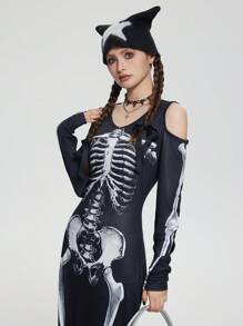 SHEIN 少女黑色圆领露肩长袖骷髅印花修身超长万圣节连衣裙 - 黑色 - 查看 4