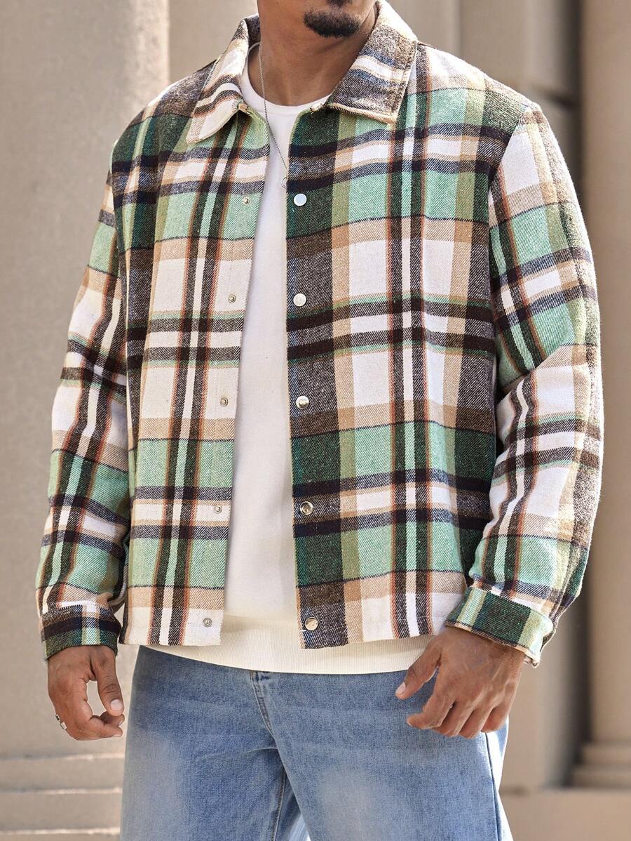 Manfinity Homme Plus Size Men's Casual Plaid Print Jacket, Autumn - Multicolor - View 1
