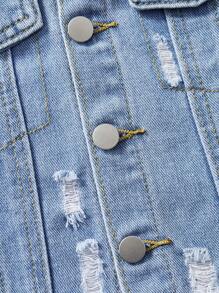 SHEIN Vintaside Kids 女婴破洞长袖牛仔夹克，时尚休闲复古水洗街头风外套 - 中等水洗藍 - 查看 6