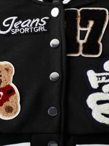 Baby Boy Letter & Bear Embroidery Casual Sport Baseball Jacket, Spring Autumn, Baby Boy Bomber Jacket - Black - View 5