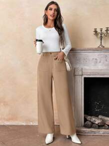 SHEIN LUNE Calças femininas outono/inverno perna reta bambu texturizado com bolsos - Caqui - Ver 5