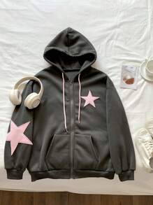Comfortcana Áo hoodie có dây rút, vai khoét hình ngôi sao, tốt nghiệp, trang phục trở lại trường, tốt nghiệp, trang phục giáo viên dành cho nữ, trở lại trường vào mùa thu/đông - Xám - Xem 6