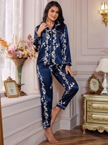 LuxeNights Floral Print Contrast Piping Satin Top & Pants PJ Set / Pajama Set, Fall Winter Clothes Cozy And Elegant Details - Navy Blue - View 3