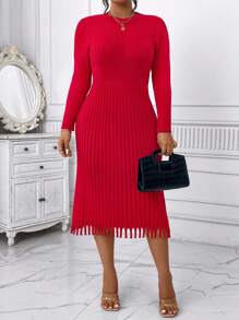 Celure Vestido suéter largo de manga larga con cuello redondo, cintura plisada y ajuste elegante de unicolor para mujeres de talla grande, para ropa de Año Nuevo