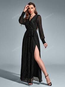 PARTHEA V-Neck Side Split Tie Ruched Round Dot Long Dress