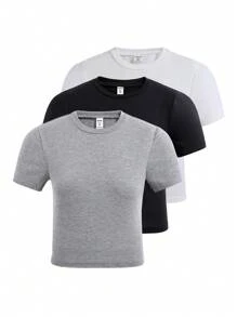 SHEIN 3-teiliges Set von Lässig-Strick T-Shirts in mehreren Farben für Teenager Mädchen - Verschiedenfarbig - Übersicht 1