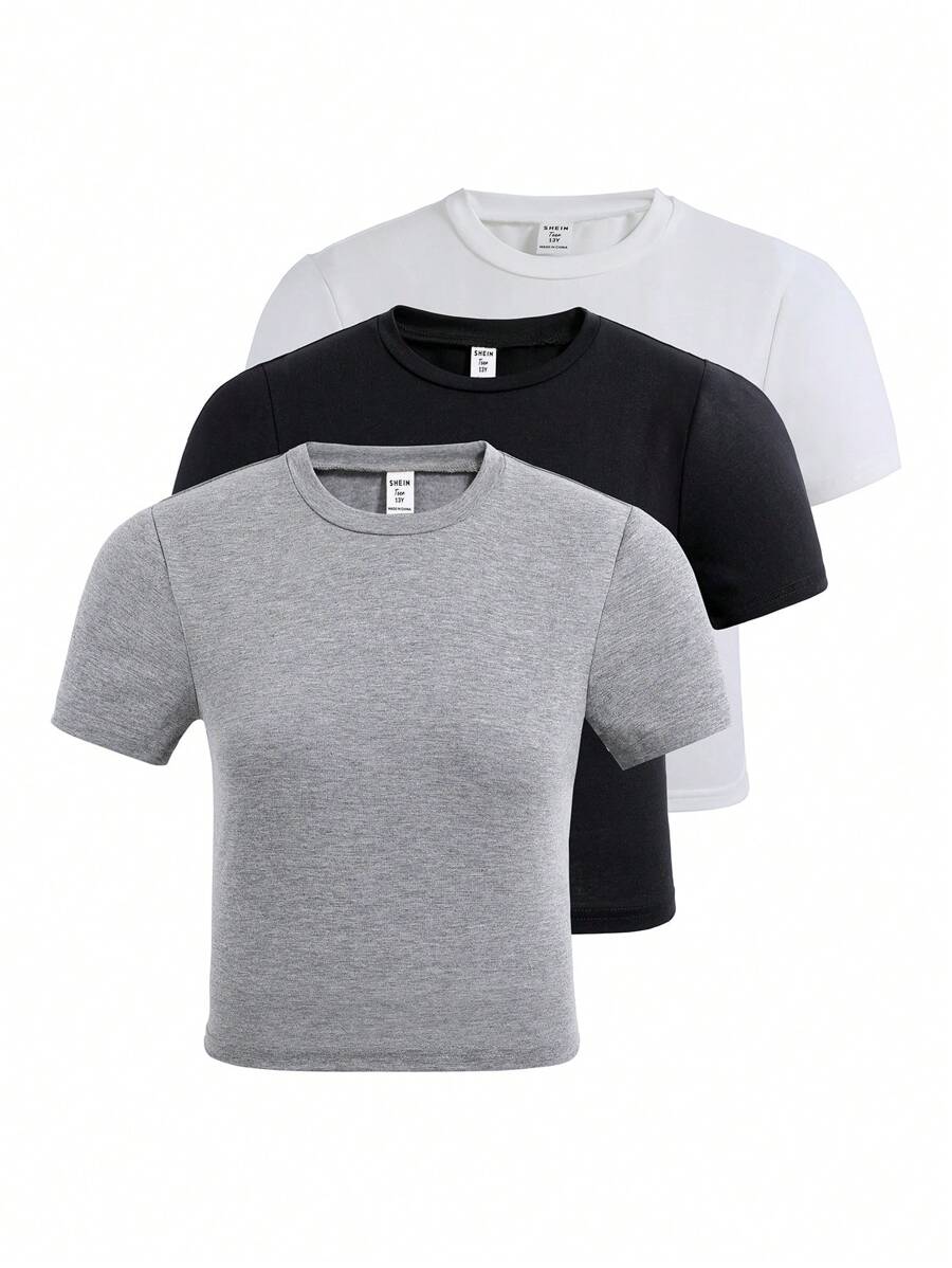 SHEIN 3-teiliges Set von Lässig-Strick T-Shirts in mehreren Farben für Teenager Mädchen - Verschiedenfarbig - Übersicht 1