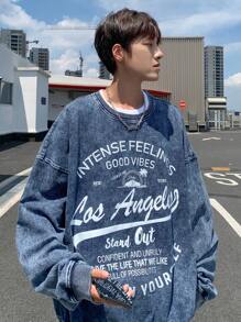 Manfinity Hypemode Áo nỉ hở vai in chữ denim xanh nhạt cho nam cỡ lớn - Rửa nhẹ - Xem 10