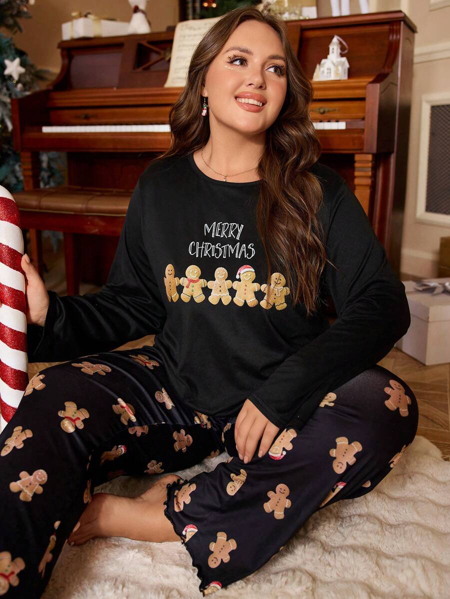 Plus Size Christmas Pattern Crew Neck Long Sleeve Top And Pants Pajama Set Gingerbread Pajamas - Black - View 1