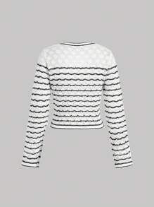 SHEIN MOD Black & White Striped Form-Fitting Round Neck Ladies Knitted Cardigan Sweater, Women's Cable Knit Long Sleeve Shrug White Knitted Sweater,Fall Clothes,
Pocket Lace,Back To School Clothes - Black and White - View 2