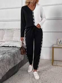 SHEIN LUNE Bộ 2 áo len dệt kim và quần dài cổ chữ V màu tương phản thời trang xuân thu cho nữ - Đen và trắng - Xem 3