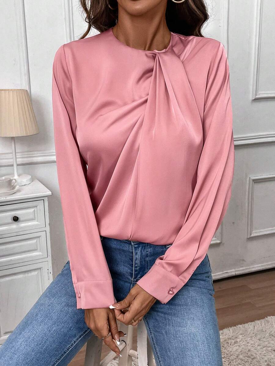 SHEIN Clasi Áo cánh cổ tròn dài tay bằng vải satin thiết kế dạng xoắn phía trước thanh lịch dành cho nữ, phù hợp cho công việc hàng ngày vào mùa xuân/thu/đông, giáo viên, v.v. - Bụi hồng - Xem 1