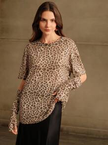 Anewsta Women's Korean Style Niche Embellished Leopard Print Blouse T-Shirt With Puff Sleeves