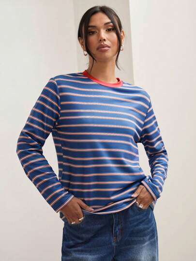 COSMINA Camiseta de manga larga de bloque de color con rayas para mujer, ropa informal para salir en otoño, primavera/otoño