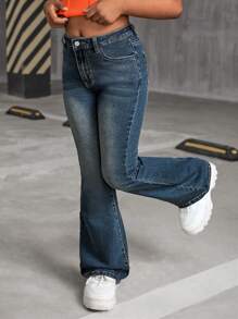 SHEIN Y2K Fashion Grunge Punk Vintage Washed Tween Girl's Flared Jeans With Rhinestone Cross Design Embellishment, Girls Fall Clothes Back To School Outfits - Dark Wash - View 6