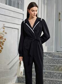 Femmeiva Women's Black Business Casual Collared Colorblock Linear Structured Puff Sleeve Jumpsuit Fall Cloth For Women - Black - View 3