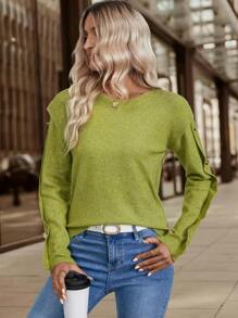 SHEIN LUNE Damen Lässig einfarbiger Rundhals Pullover, Frühling & Herbst, gestrickter Pullover Herbst Winter - Grün - Übersicht 5