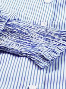 ASVIVID 扣式长袖条纹衬衫，时尚商务成熟女性风格，长袖上衣 - 水鴨藍 - 查看 8