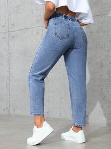 SHEIN PETITE Women's Elastic Waist Pocketed Straight Loose Casual Jeans Pants - Medium Wash - View 2
