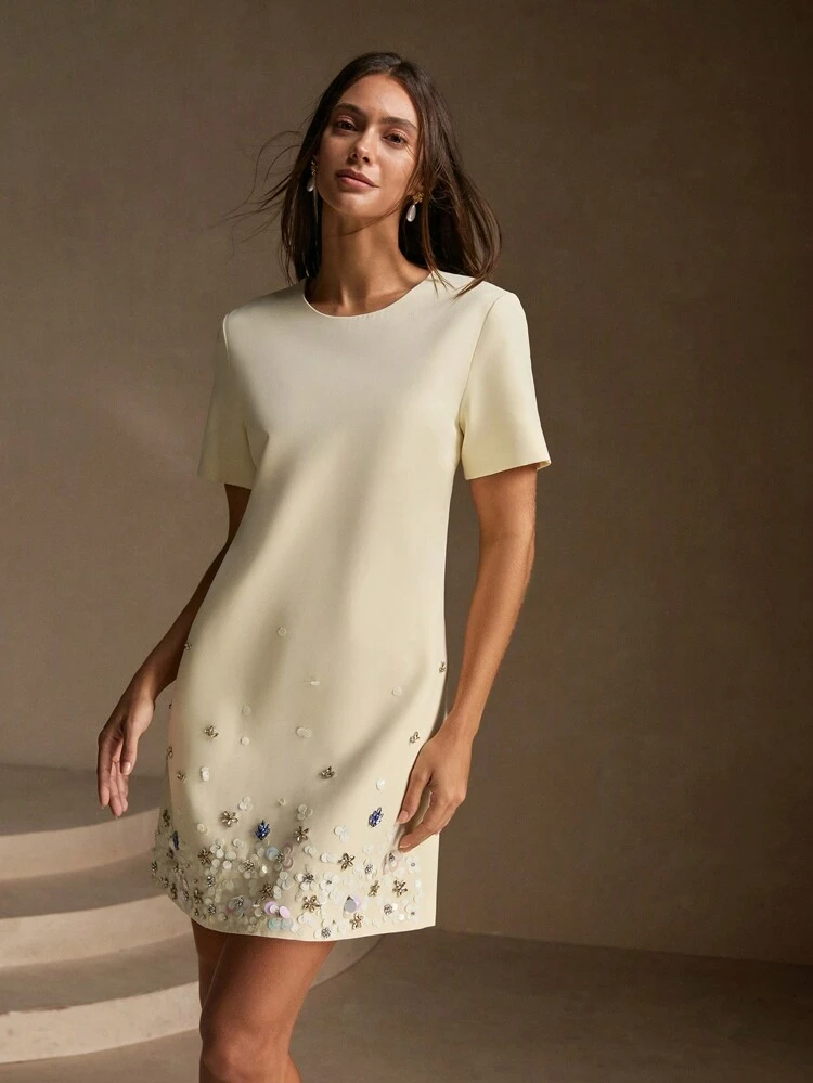 Women's Elegant Beige Embellished Hem Straight A-Line Short Sleeve Dress For Autumn/Winter