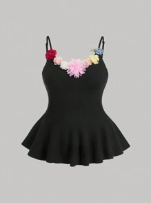 SHEIN MOD Camisole-Top aus Strick mit 3D-Blumenmuster in Übergröße - Schwarz - Übersicht 1