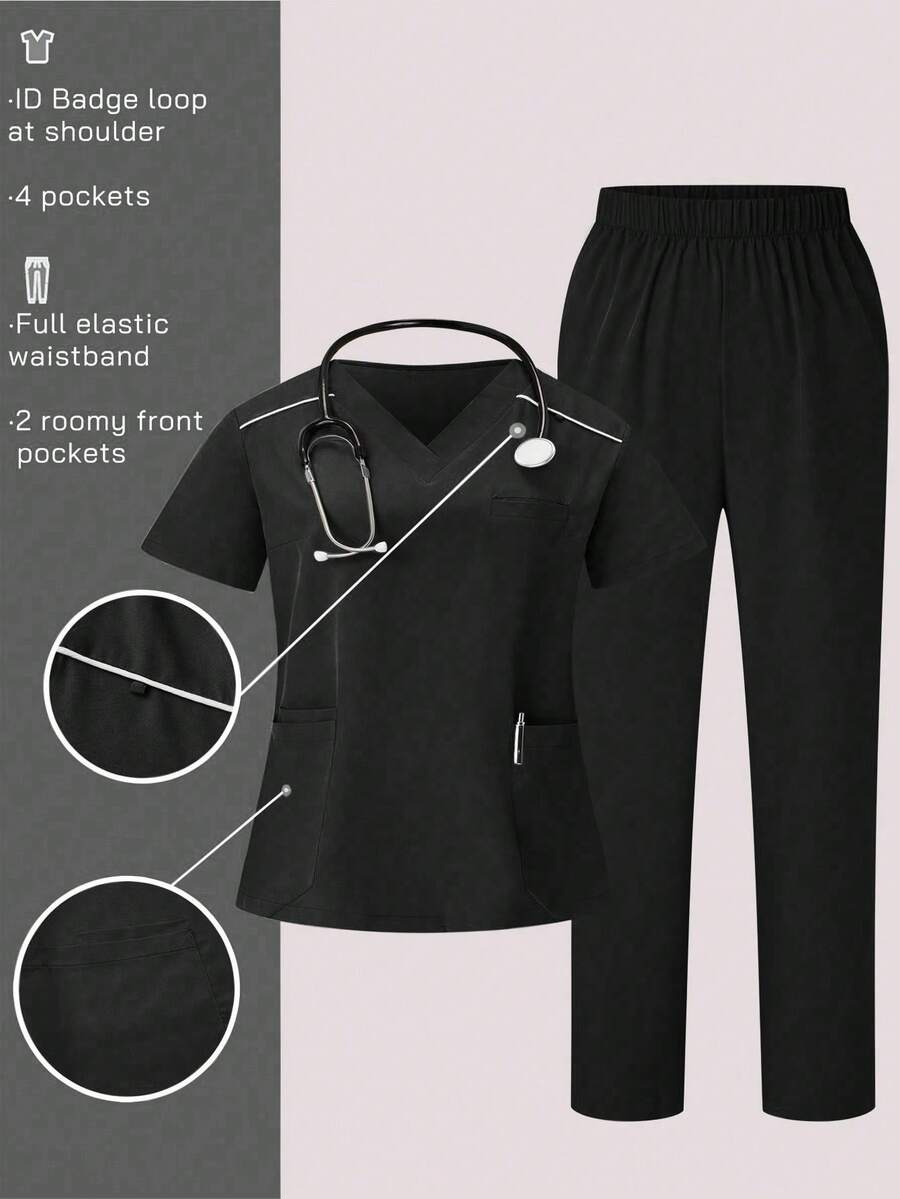 SHEIN TaskFit 大码纯色短袖上衣和裤子手术服套装 - 黑色 - 查看 1