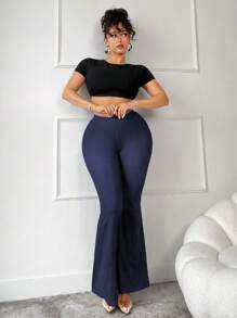 SHEIN SXY Denim Effect Slim-Fitting Sexy Butt-Lifting Flared Pants With Gathered Back Waist - Navy Blue - View 4