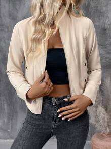 SHEIN LUNE Women's Solid Color Stand Collar Long Sleeve Zipper Front Cropped Casual Jacket For Spring & Autumn