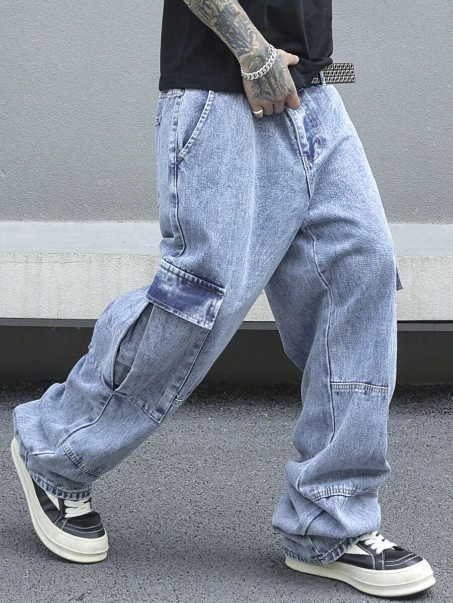 PAVTROS Quần Jeans Cargo Túi Nắp Rộng Cho Nam - Rửa nhẹ - Xem 1