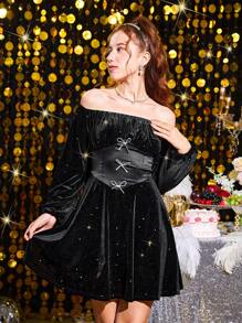 SHEIN 少女冬季年终派对黑色露肩奢华天鹅绒连衣裙，配撞色蝴蝶结 - 黑色 - 查看 4