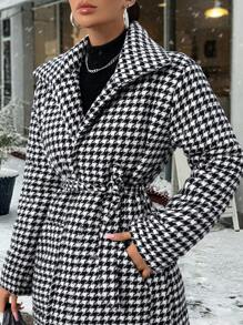 RueChic Fashionable Chic Elegant Houndstooth Pattern Belted Padded Coat - Multicolor - View 6