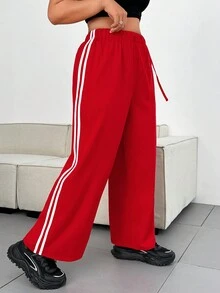 Flirla Quần ống đứng kẻ sọc rút dây thường ngày cỡ lớn - Đỏ - Xem 5