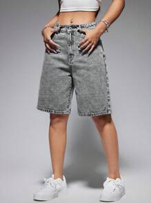 SHEIN EZwear Quần short denim tối giản có túi nút phía trước dành cho nữ, mặc thường ngày - Màu Xám nhạt - Xem 5