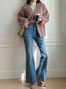 DAZY 女士V领羊毛加厚外套，新款秋季设计，秋季女装外套 - 棕色 - 查看 5