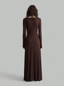 Ontre Damen Langarmkleid, braun, Rundhalsausschnitt, hoher Schlitzausschnitt am Saum, elegantes, hochwertiges, dehnbares Strickkleid