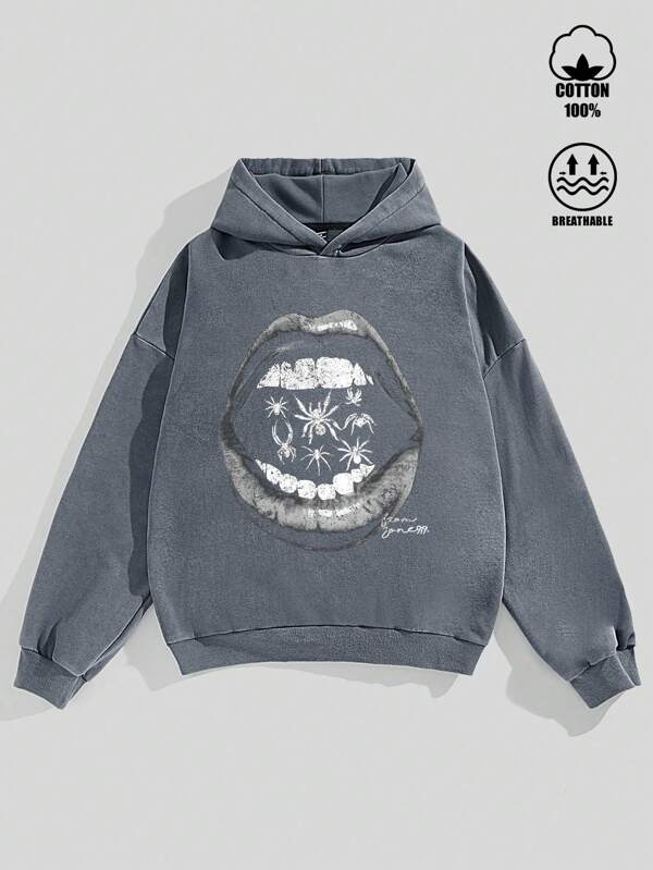 Manfinity ZONE917 Men's Oversized Street-Style Vintage Deep Gothic Black And White Damaged Lips Spider Halloween Creative Pattern Blue-Gray Snowflake Hooded Sweatshirt.