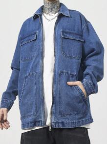 Manfinity EMRG 男士休闲落肩宽松牛仔夹克，秋季 - 藍色 - 查看 4