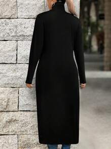 SHEIN LUNE 大尺碼女士純色高領長袖分裂式側擺休閒T恤，春夏款 - 黑色 - 查看 2