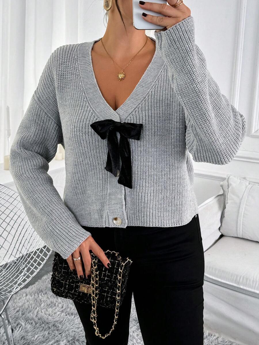 SHEIN Clasi PLUS Size Women's Knit Long Sleeve Cardigan With Bow Tie Elegant Romantic Open Front Sweater - Grey - View 1