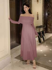 DAZY Abito elegante monospalla a tinta unita, adatto per autunno, feste di compleanno e balli, vestito da donna per l'autunno - Rosa - Visualizzare 6