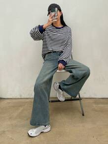 DAZY Áo nỉ dài tay cổ tròn kẻ sọc Colorblock dành cho nữ, mặc thường ngày - Màu xanh hải quân - Xem 3