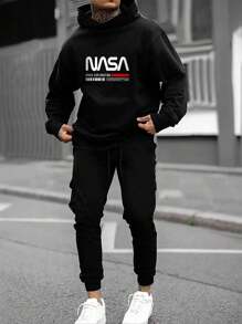 RueChic Ensemble sweat-shirt à capuche et pantalon de survêtement imprimé logo, décontracté pour hommes
